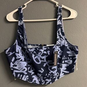 Blue and White Graphic Crop Top